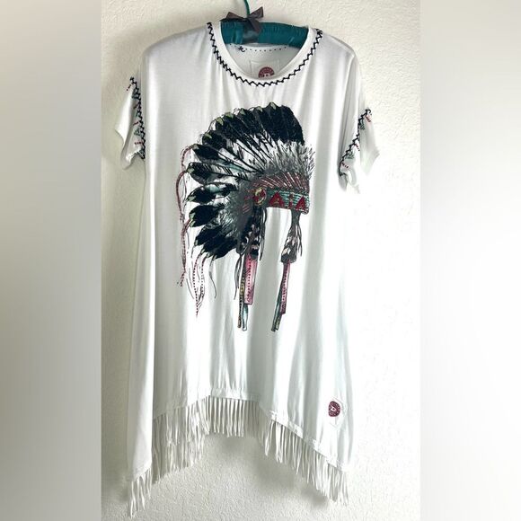 Double D Ranch Tops - Double D Ranch White Fringe Tunic Top with Embroidery and Beads